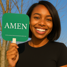Load image into Gallery viewer, AMEN / I REBUKE THAT Hand Fan - Double-Sided Church Fan with "AMEN" & "I REBUKE THAT" Messages for Church & Game Nights